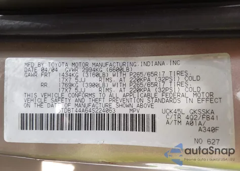 2004 Toyota Sequoia Sr5 V8 z USA, uszkodzony, nr VIN 5TDBT44A64S224063